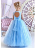 Beaded Blue Satin Tulle Heart Back Flower Girl Dress